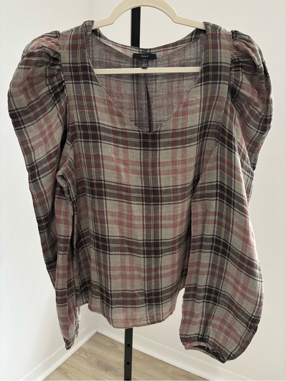 Drew Puff-Sleeve Plaid Top in Tan/Gray/Pink